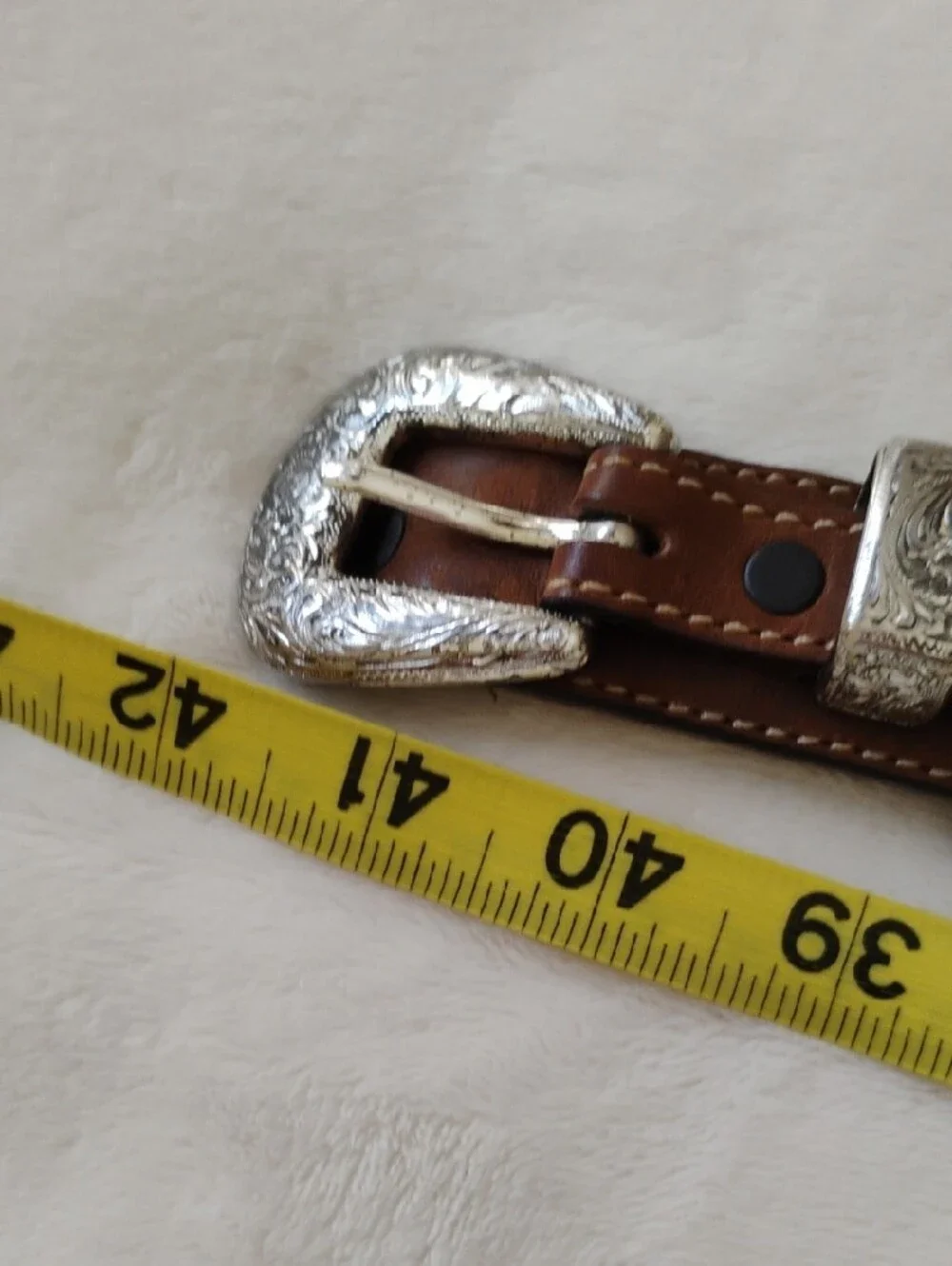 Women's Western  Leather Belt with Silver Look Conchos and Cream Braided Accents